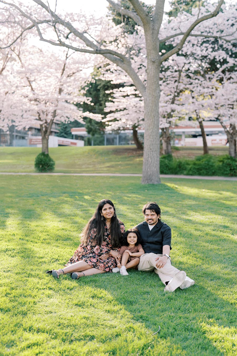 Family sitting on grass under cherry blossoms in a park, smiling during a sunny spring day.