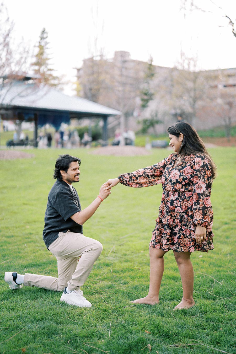 A man kneeling on grass, holding a woman's hand in a park setting. The woman is wearing a floral dress and smiling at him, with trees and a gazebo in the background.