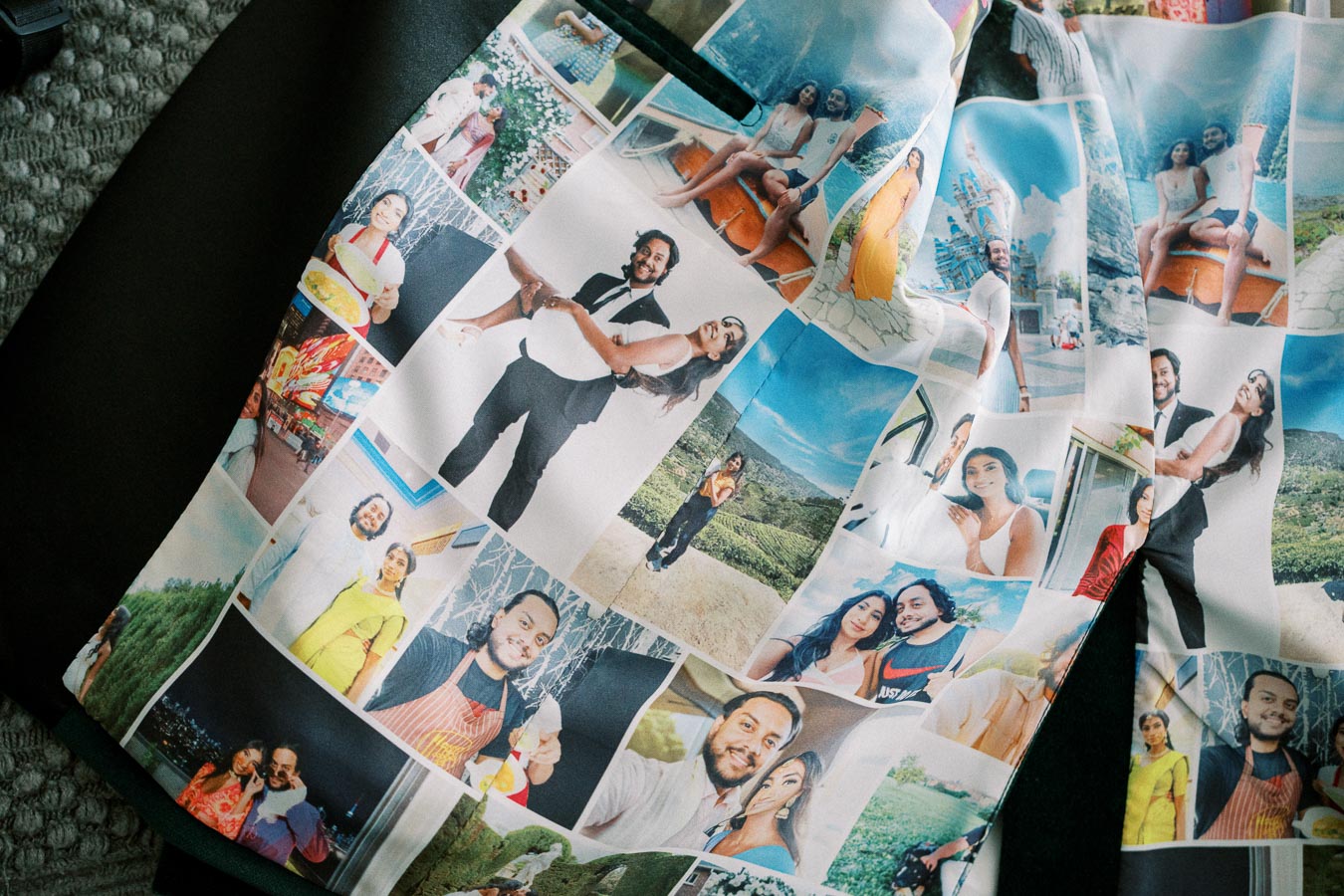 Collage of various personal photos printed on fabric, featuring couples in different locations and settings, highlighting moments of joy, travel, and togetherness.