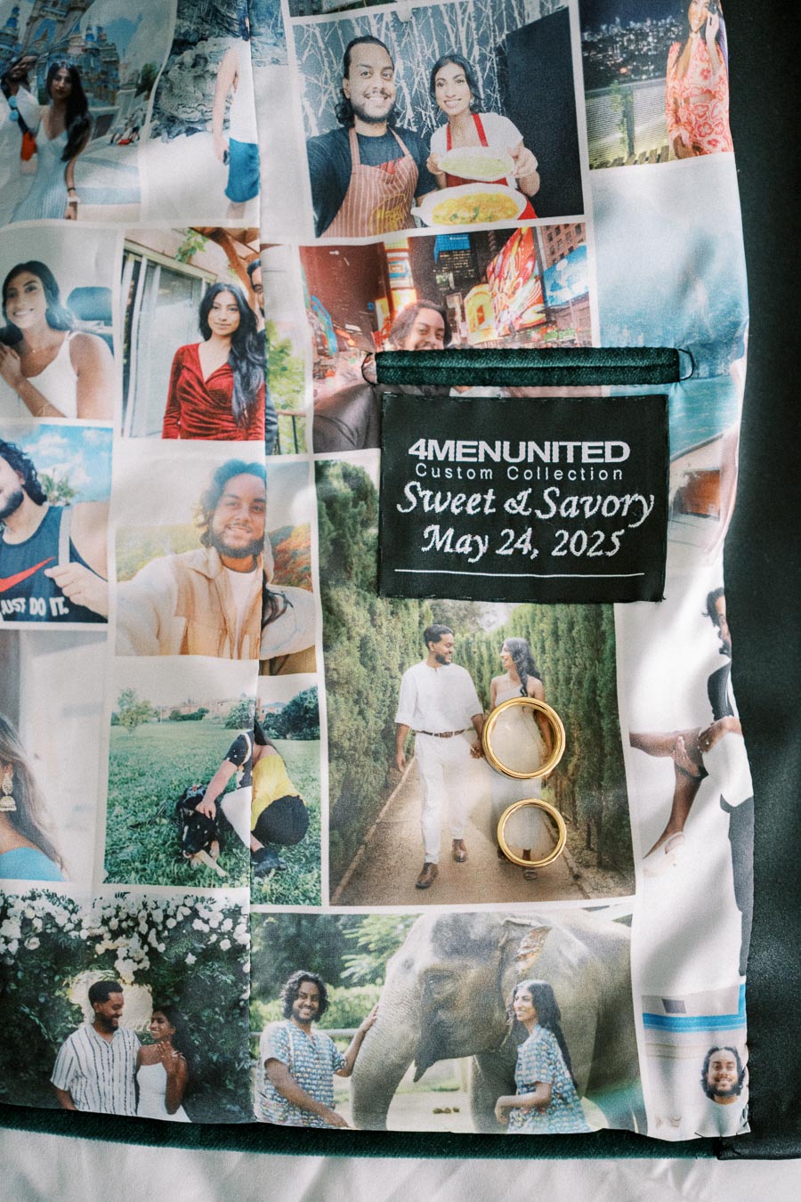 Collage of various personal photos featuring a couple on vacation, cooking together, and posing with a backdrop of scenic views. The image also includes wedding rings placed on a fabric with a label reading 4MENUNITED Custom Collection Sweet & Savory May 24, 2025.