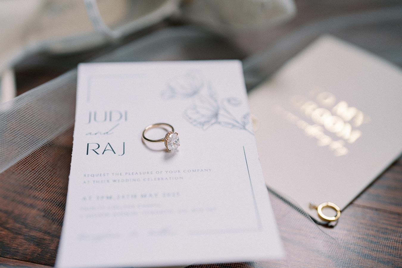 A close-up of an elegant wedding invitation card with a gold engagement ring placed on top. The card features floral designs and text, set on a wooden surface with a soft, blurred background, capturing a romantic and sophisticated wedding theme.
