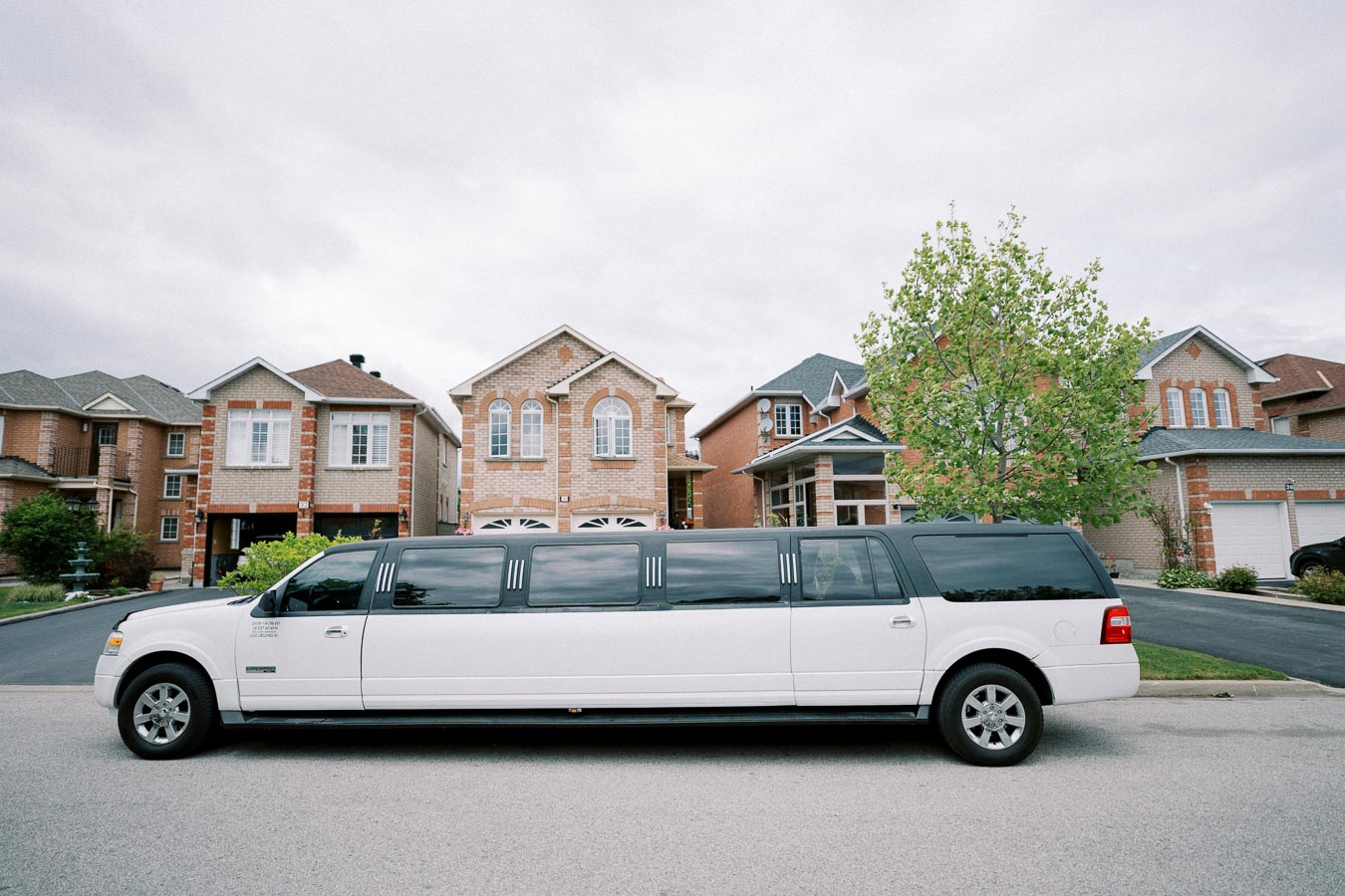 White stretch limousine parked on a suburban street in front of brick houses, under a cloudy sky. The scene captures a residential neighborhood with neat lawns and driveways.