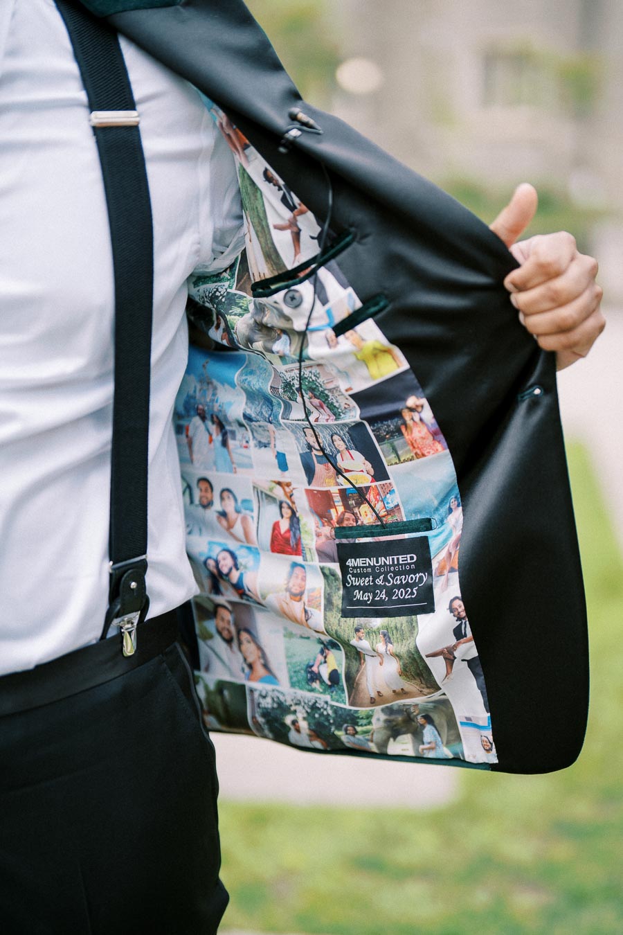 Man wearing a black suit with colorful photo collage lining, showcasing personalized images and event details from May 24, 2025.
