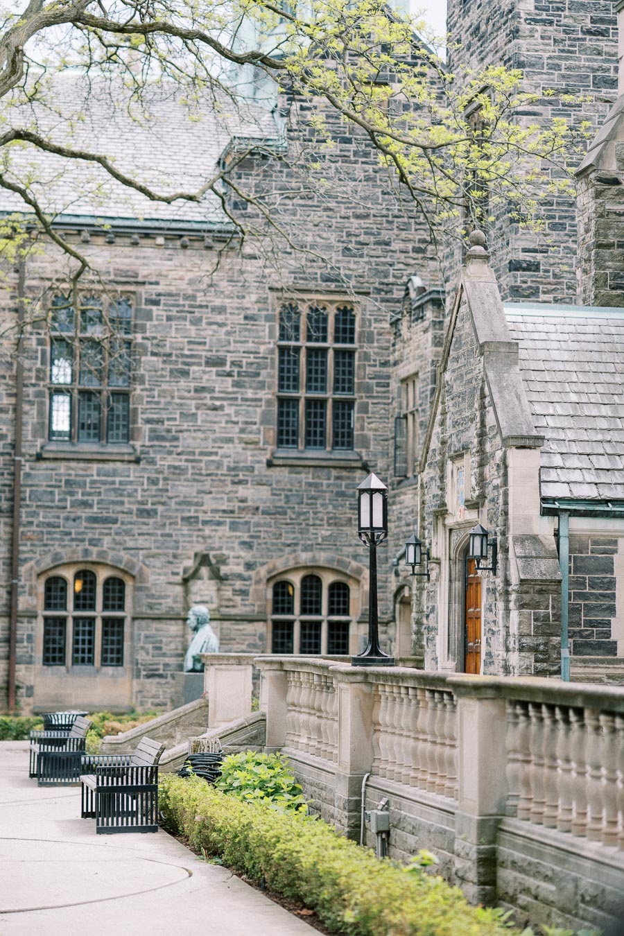 Historic stone building with classic architecture, featuring large arched windows and a landscaped courtyard with benches. A tree with budding leaves overhangs the scene, adding a touch of nature to the classic setting.