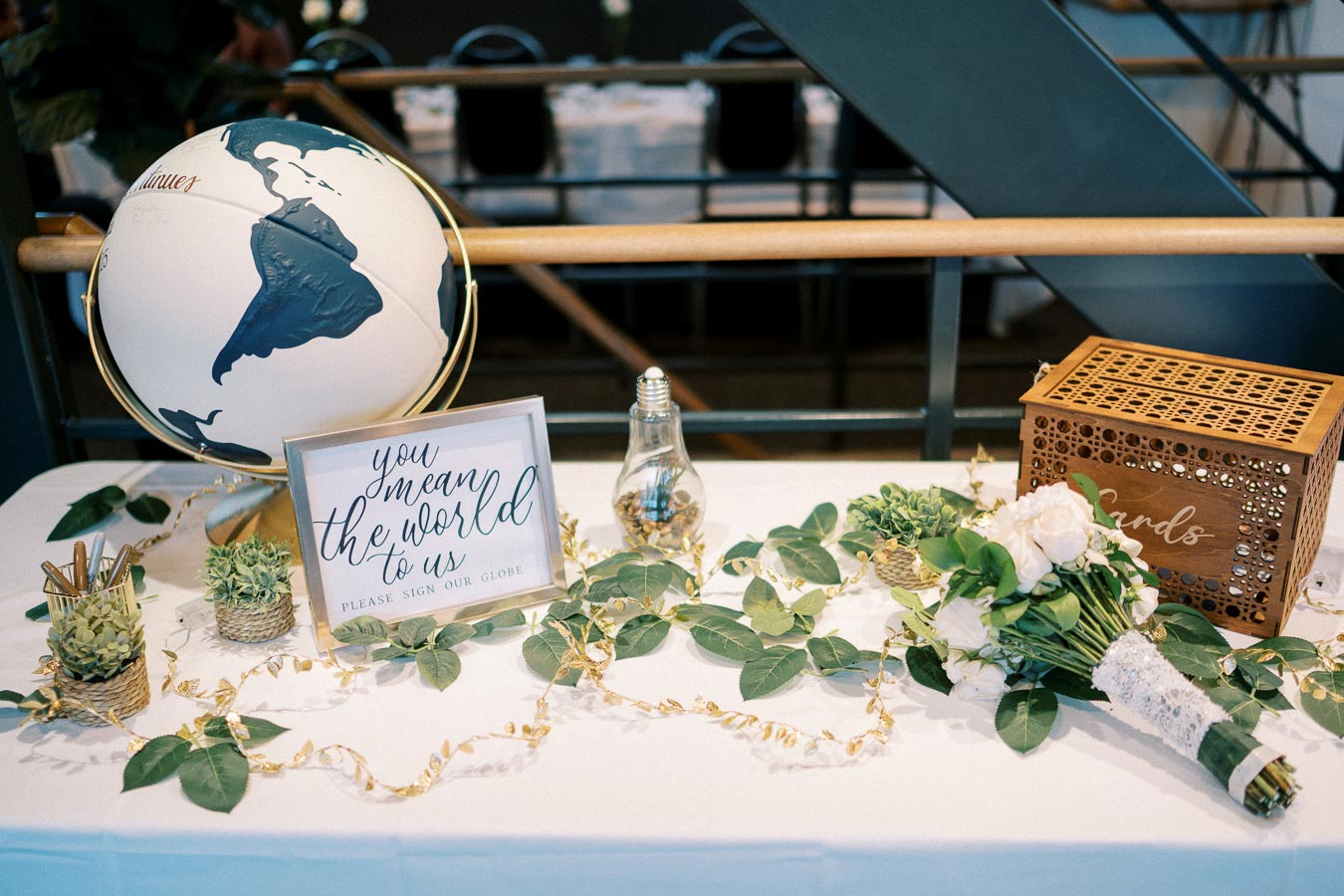 Wedding reception table with a decorative globe and a sign reading You mean the world to us, please sign our globe. Features include succulents, a bouquet of white roses, a wooden card box, and green foliage, adding a touch of elegance to the setup.