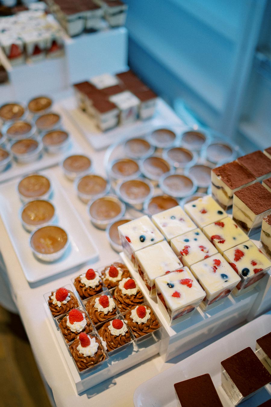 A variety of gourmet desserts including chocolate mousse cups, fruit-topped cheesecake bites, and layered tiramisu squares displayed elegantly on a buffet table.
