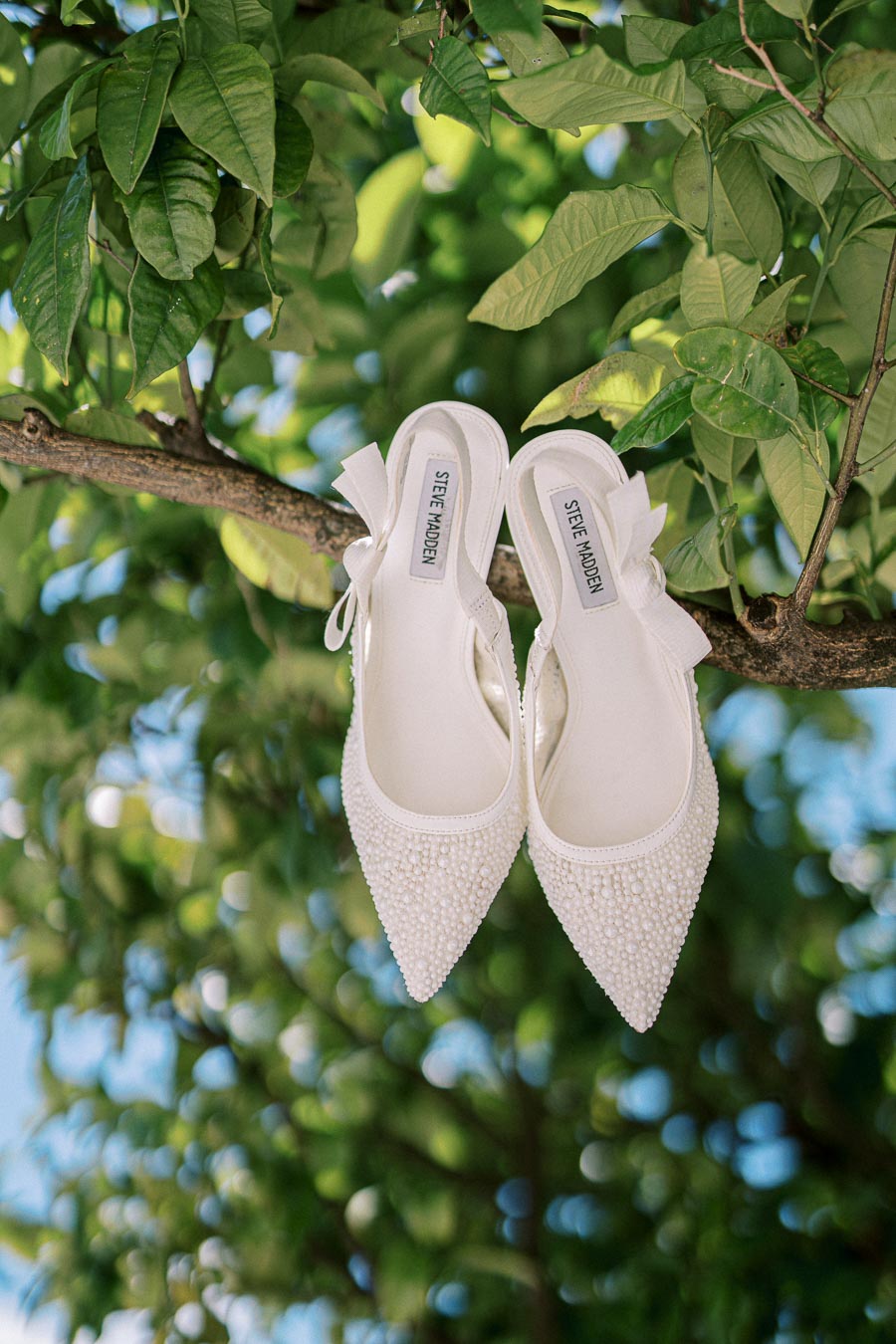 Elegant white beaded bridal shoes with ribbon detail hanging from a tree branch, surrounded by lush green leaves under a clear blue sky.