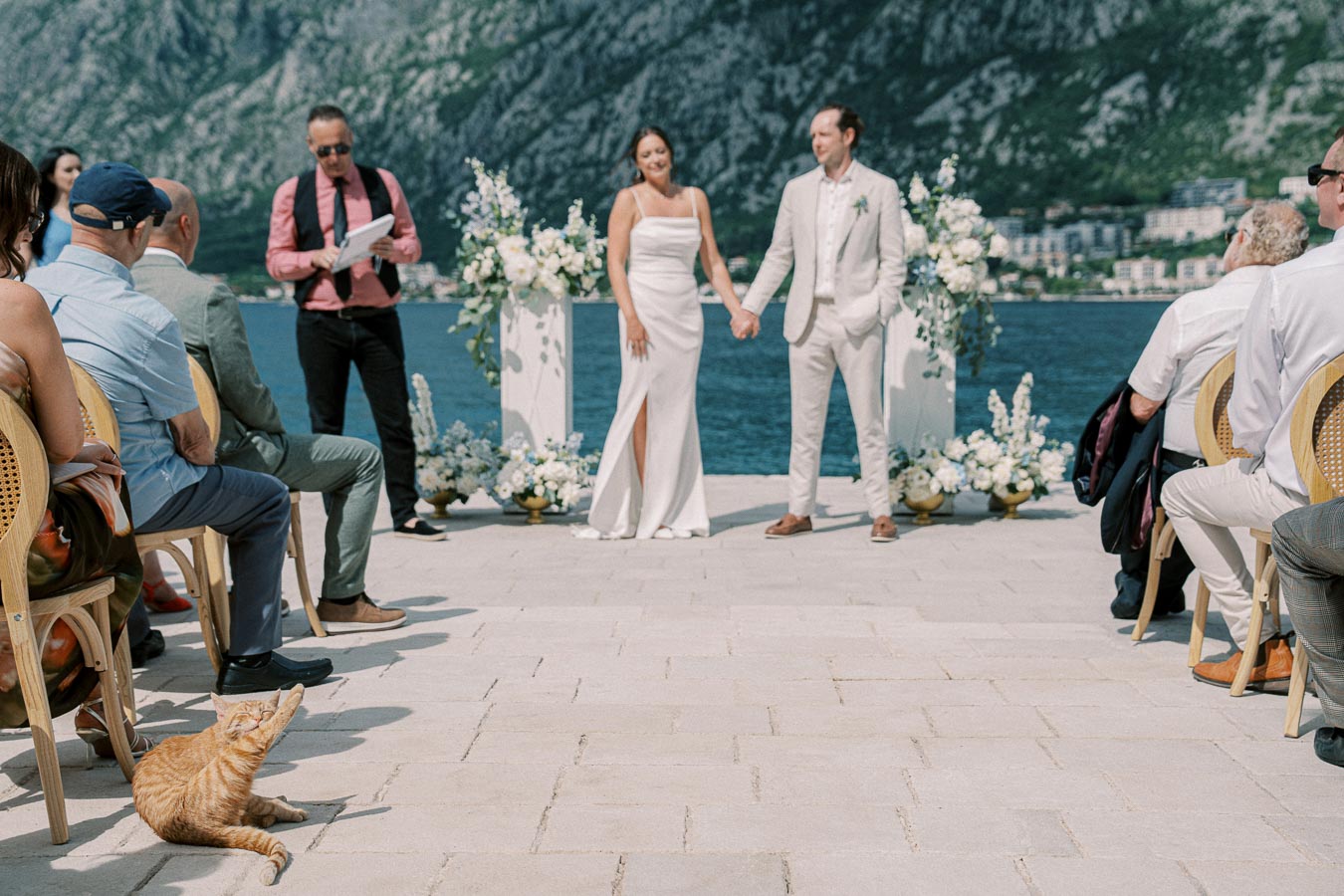 A couple getting married outdoors by a scenic waterfront, surrounded by guests on a sunny day. Floral arrangements decorate the aisle, and a cat relaxes on the ground at the ceremony. Majestic mountains and buildings are visible in the background.