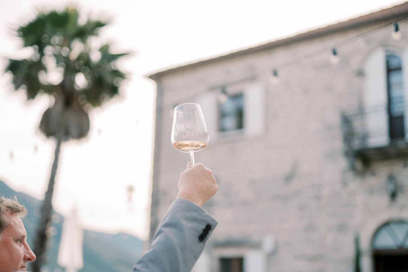 A person in a suit elegantly holding a glass of wine aloft against the backdrop of a rustic stone building with string lights and a palm tree, evoking a sense of celebration and sophistication.