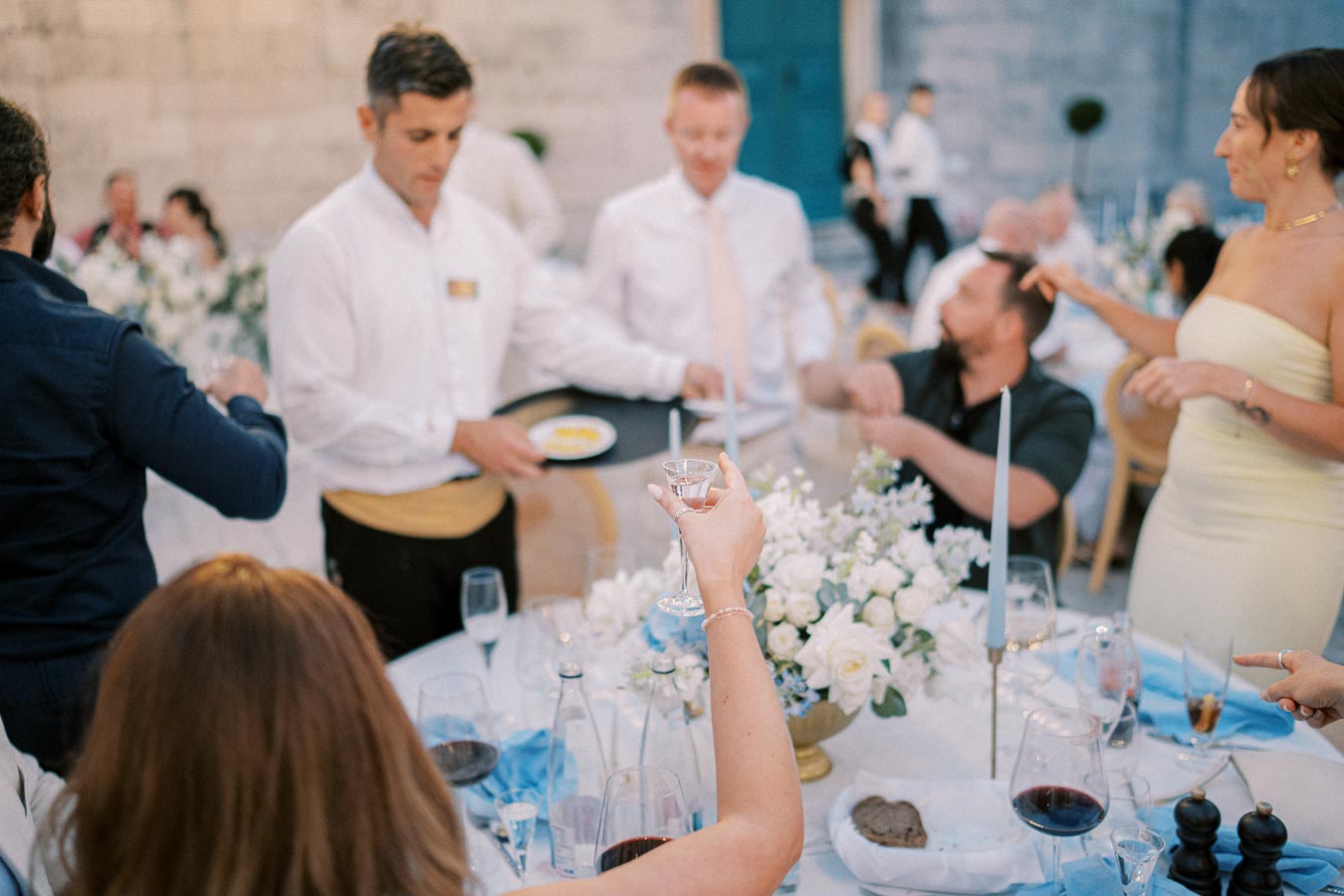 Outdoor wedding reception with elegantly set tables and guests interacting; waiter serving appetizers and woman raising glass for toast.