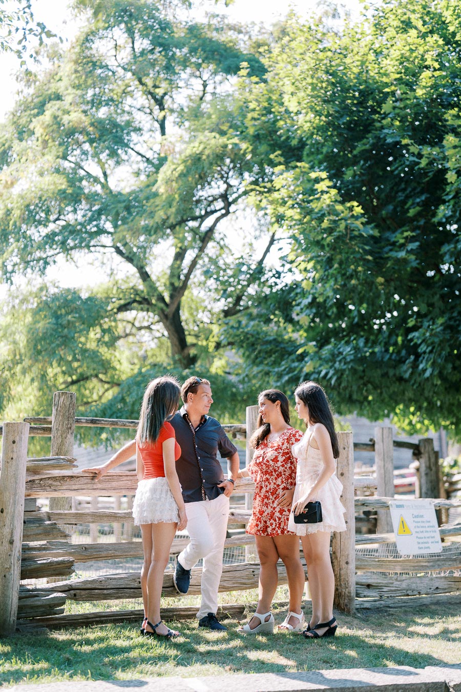A group of four people in summer attire engaged in conversation near a rustic wooden fence, set against a backdrop of lush green trees and dappled sunlight.