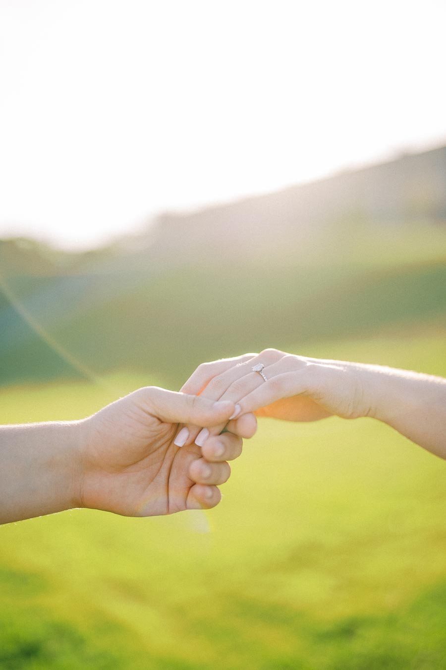 A couple holding hands in a sunlit field, with a focus on an engagement ring on the woman's finger, symbolizing love and commitment.