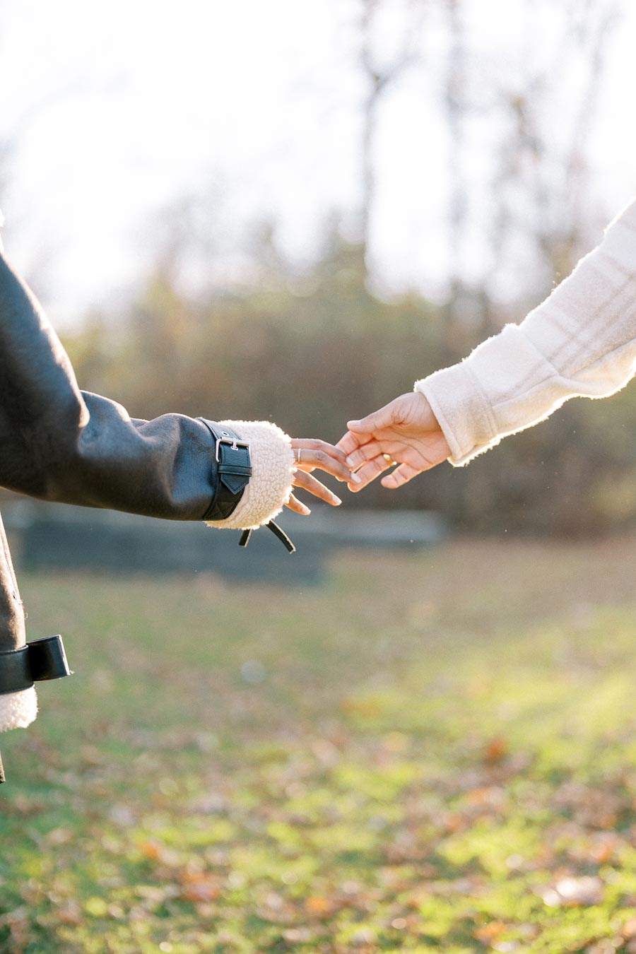 Two people gently holding hands in an outdoor setting during autumn, showcasing warmth and connection.
