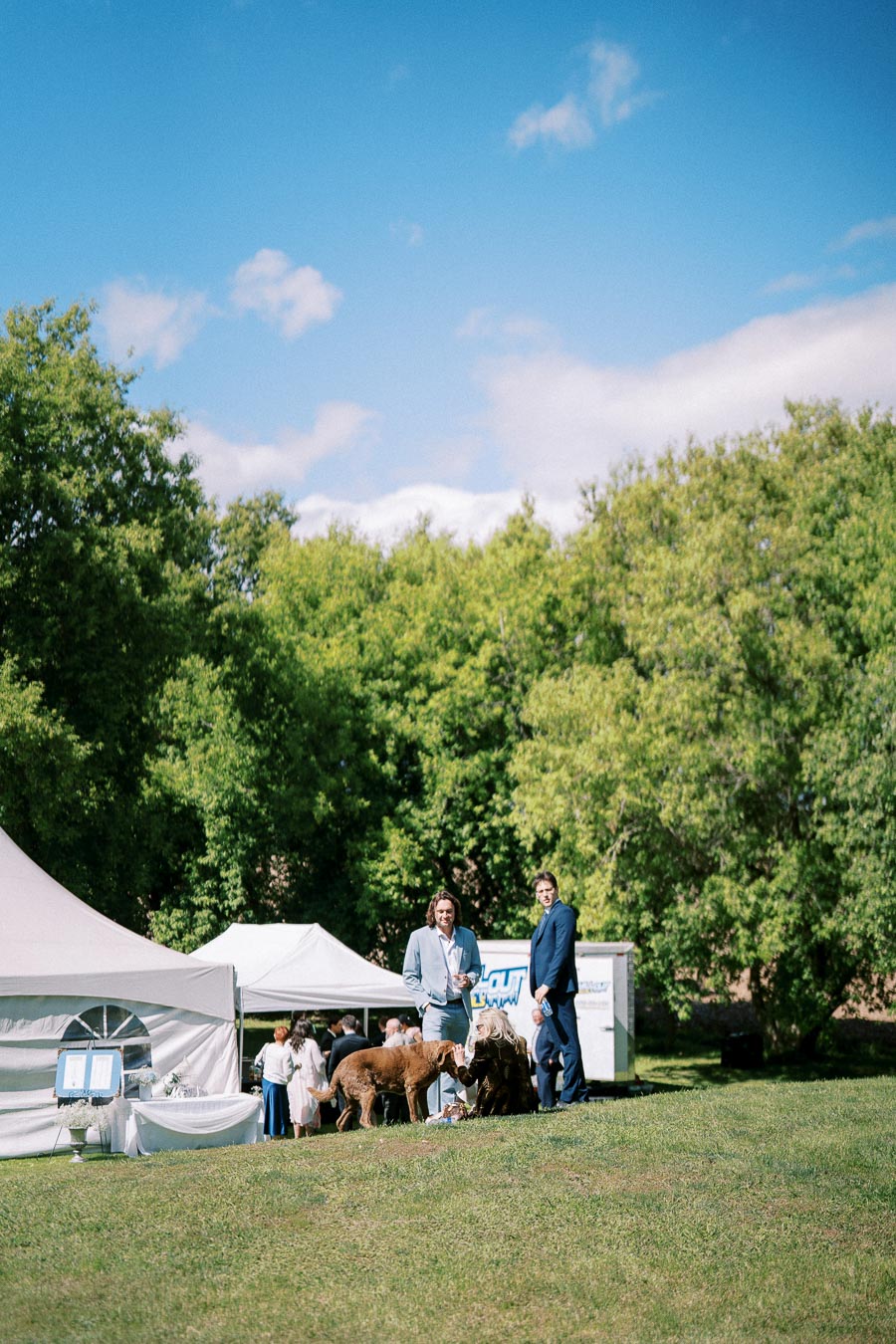 Two people in suits stand on a grassy area near white tents at an outdoor event, with a dog and other attendees nearby. Lush green trees and a clear blue sky create a serene backdrop.