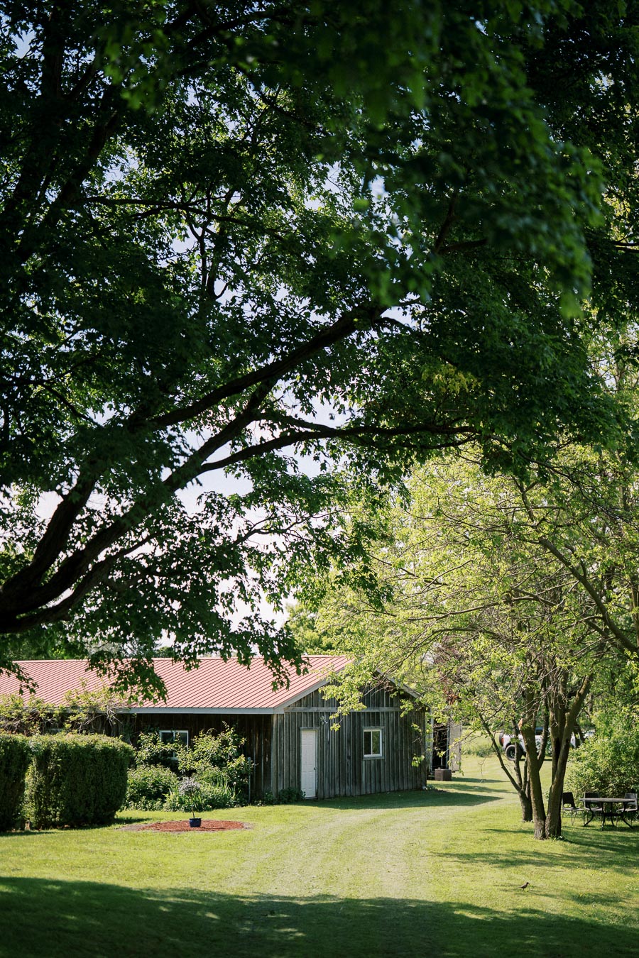 Rustic wooden barn with a red roof surrounded by lush green trees and a manicured lawn on a sunny day.