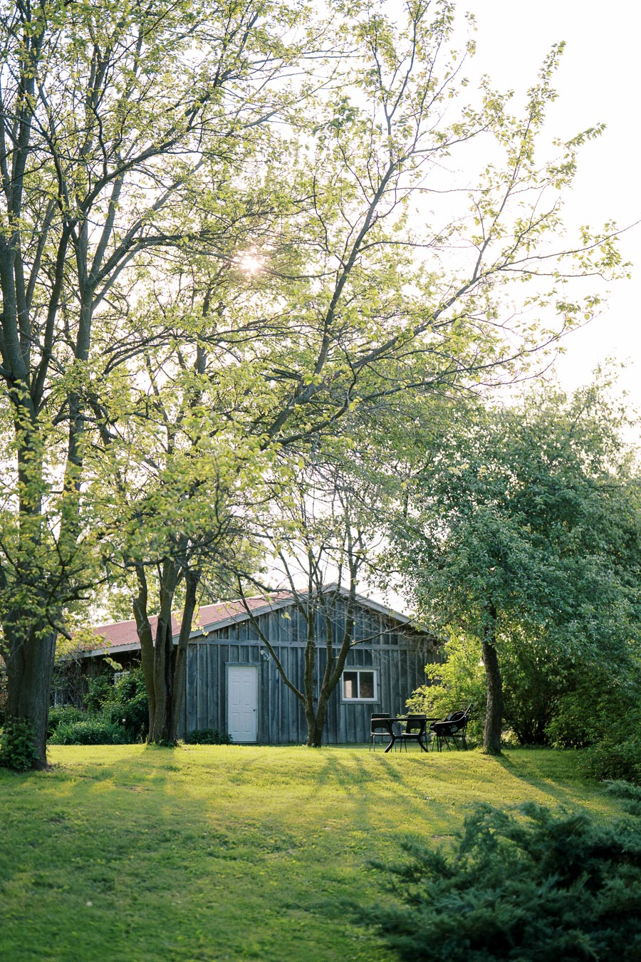 Sunlit wooden barn surrounded by lush green trees and a grassy lawn, with outdoor furniture in the foreground creating a serene rural scene.
