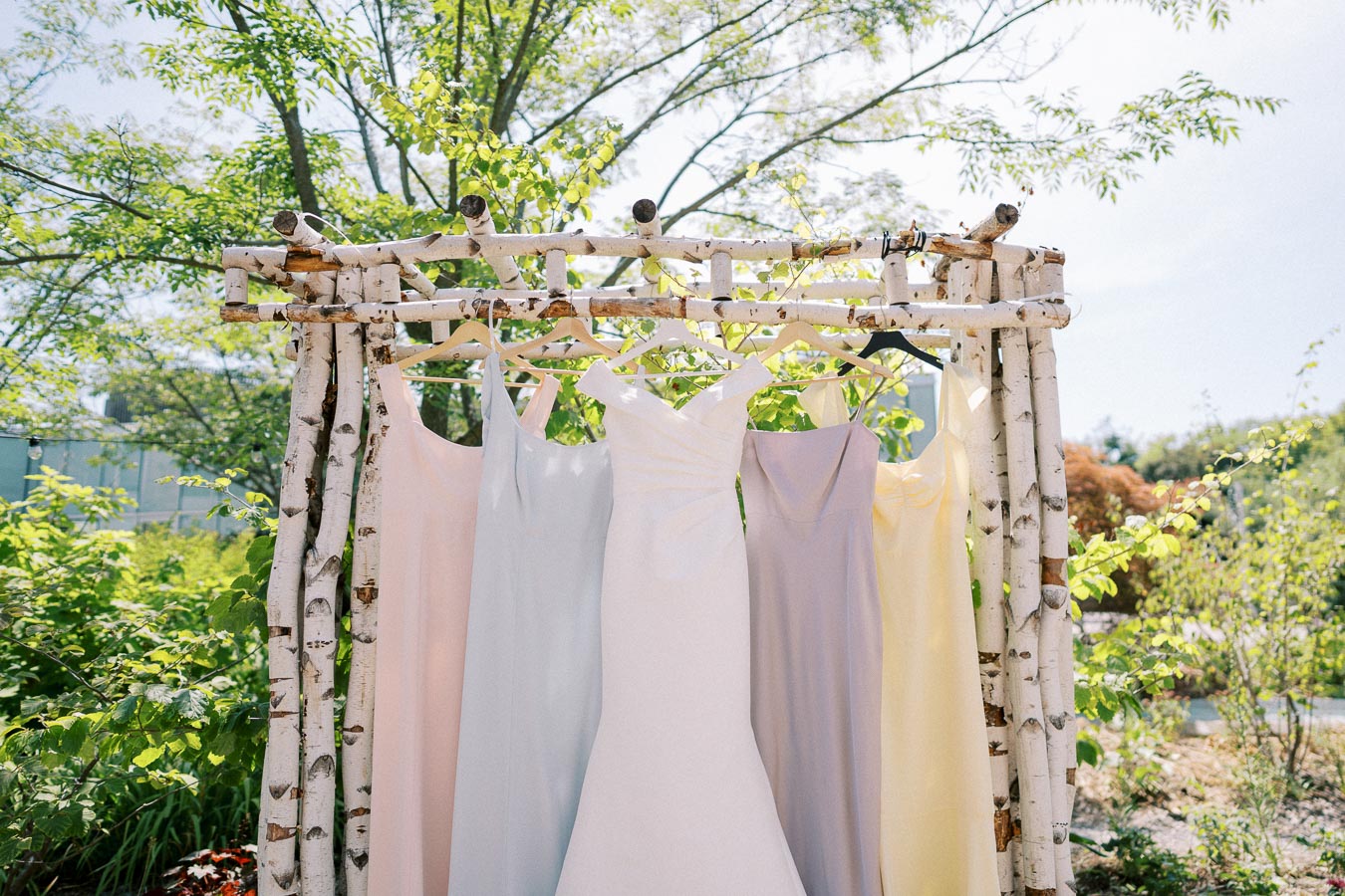 A set of pastel-colored bridesmaid dresses and a white wedding gown hanging outdoors on a birch wood frame, surrounded by lush green foliage and bright sunlight.