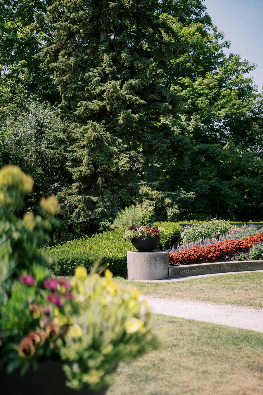 Beautiful garden landscape with lush green trees and vibrant flower arrangements in decorative pots. A pathway winds through the neatly trimmed grass, offering a serene and inviting atmosphere.