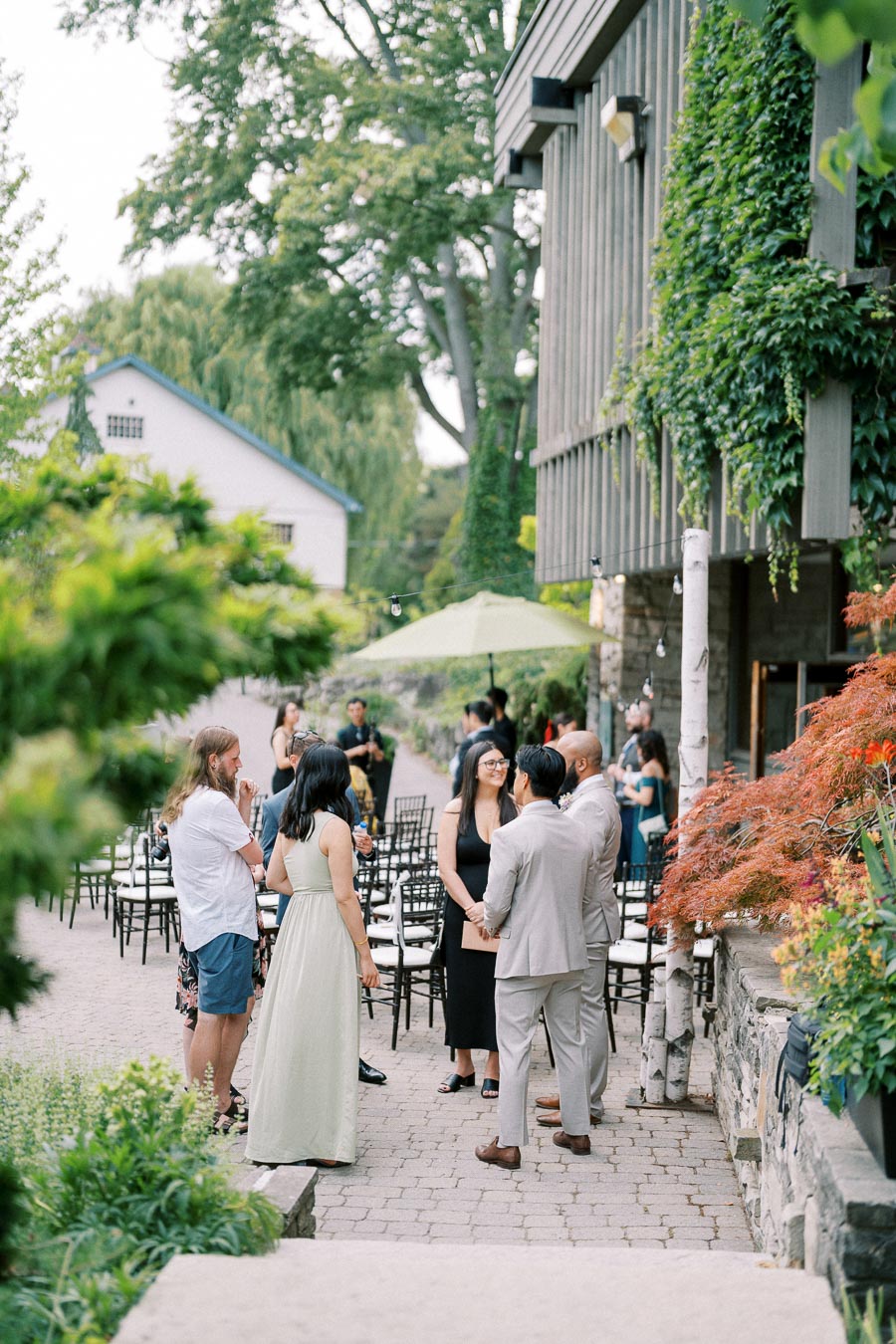 Outdoor wedding reception with guests socializing, surrounded by lush greenery and ivy-covered buildings, creating a charming and relaxed atmosphere.