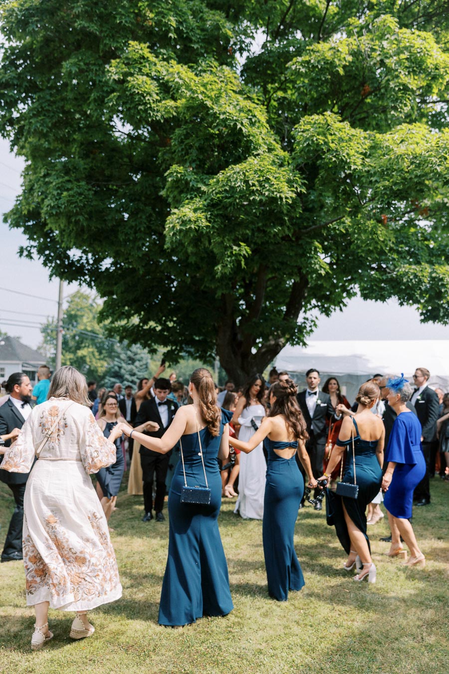 Festive outdoor wedding celebration with guests dancing in elegant attire under a large green tree.