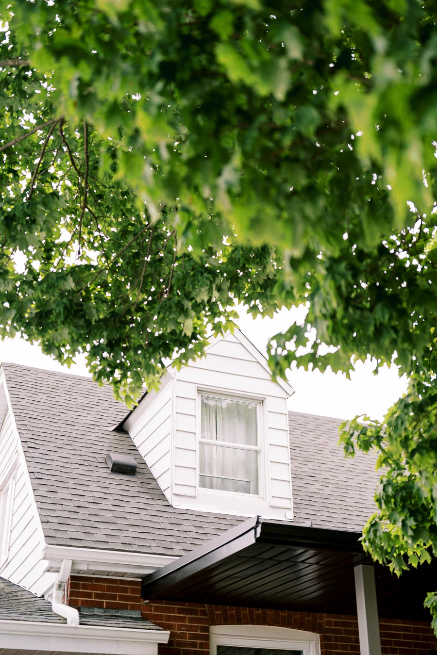 Suburban home with gabled roof and white siding partially obscured by lush green tree branches.