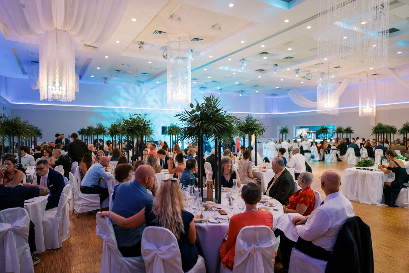 Elegant banquet hall filled with guests seated at round tables decorated with lush greenery, soft ambient lighting, and draped chandeliers, creating a sophisticated event atmosphere.