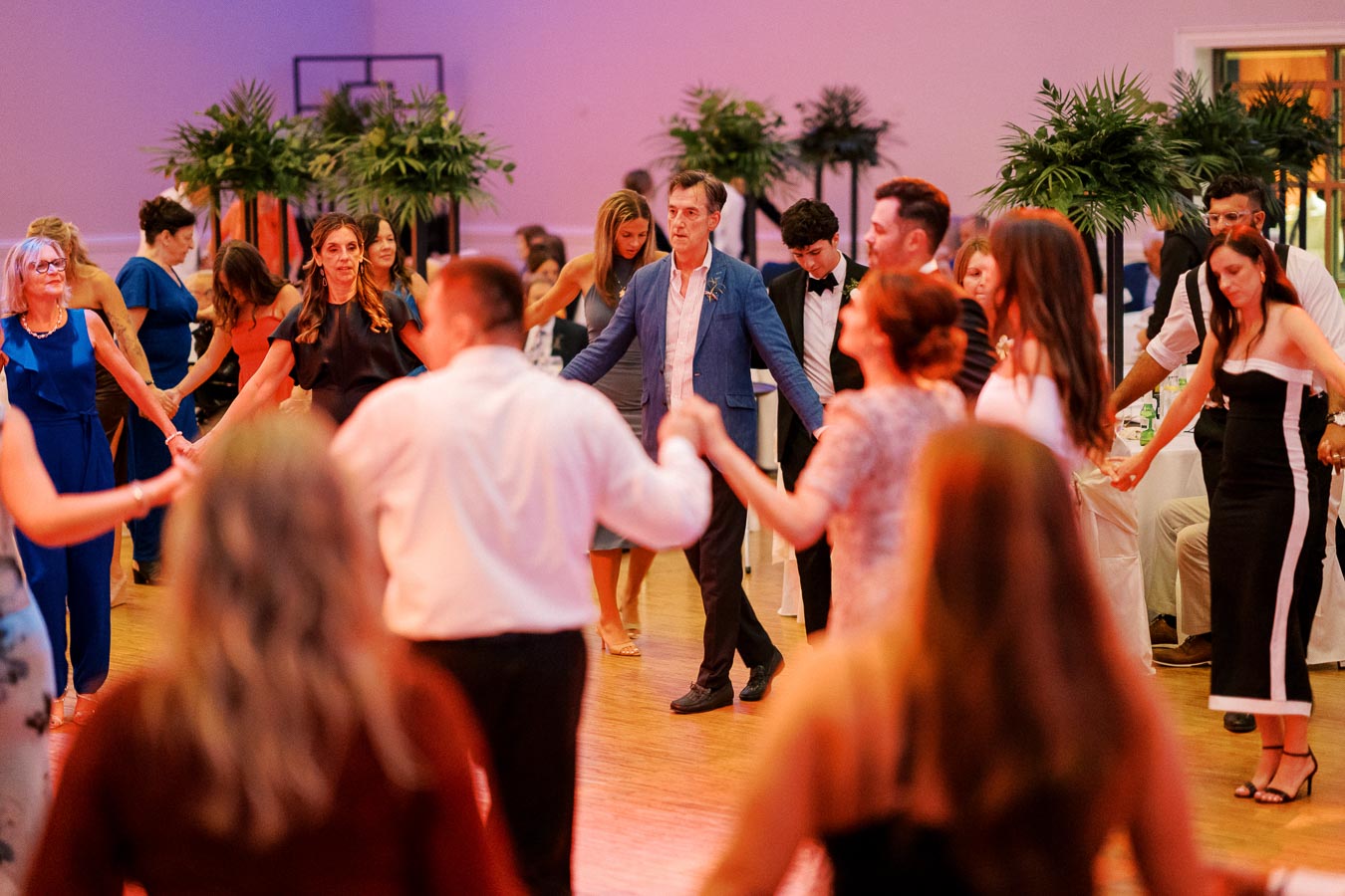 People dancing in a circle at a lively indoor event, surrounded by greenery and warm lighting, creating a festive atmosphere.