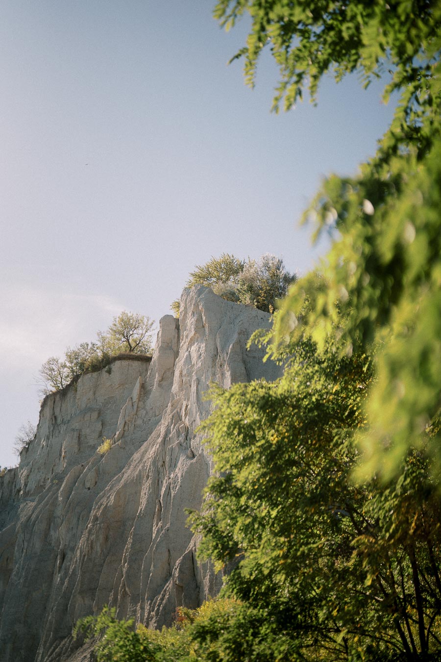 Scenic view of a rocky cliff surrounded by green trees under a clear blue sky.