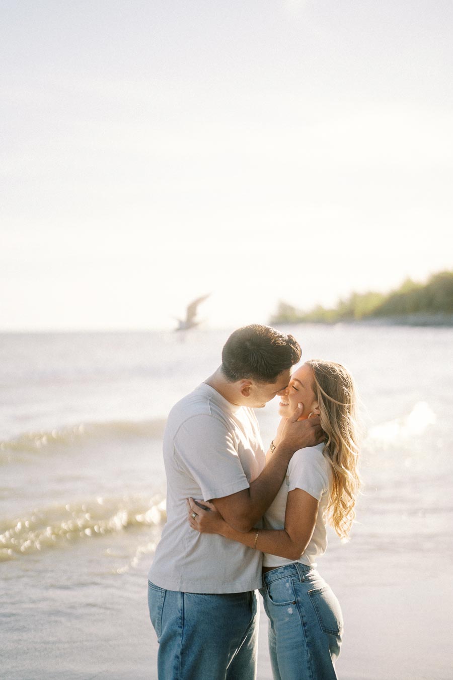 A couple sharing a romantic moment on a sunny beach, with gentle waves in the background and a bird flying by.