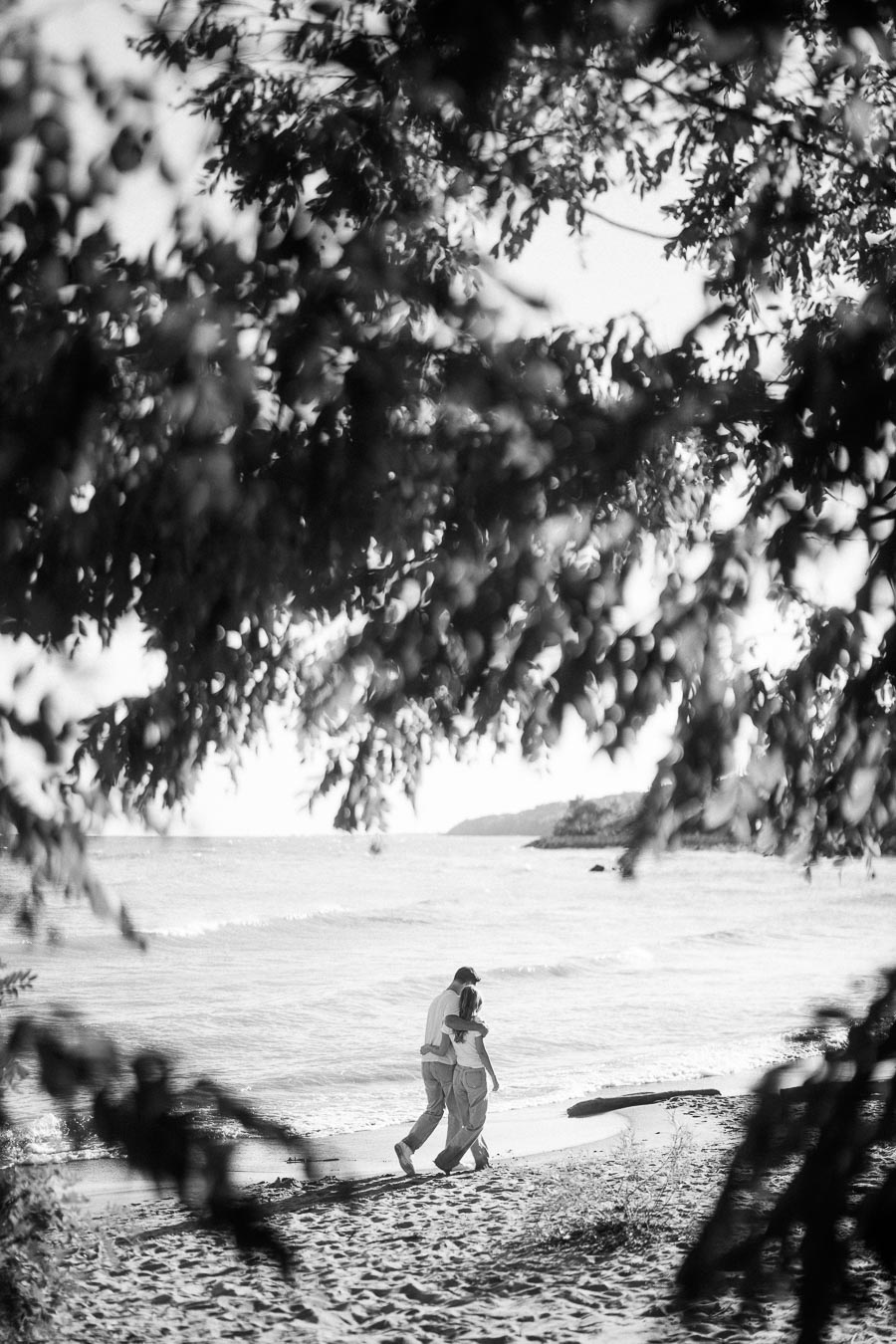 Black and white photo of a couple walking along a beach, framed by overhanging tree branches, with gentle waves and distant shoreline in the background.