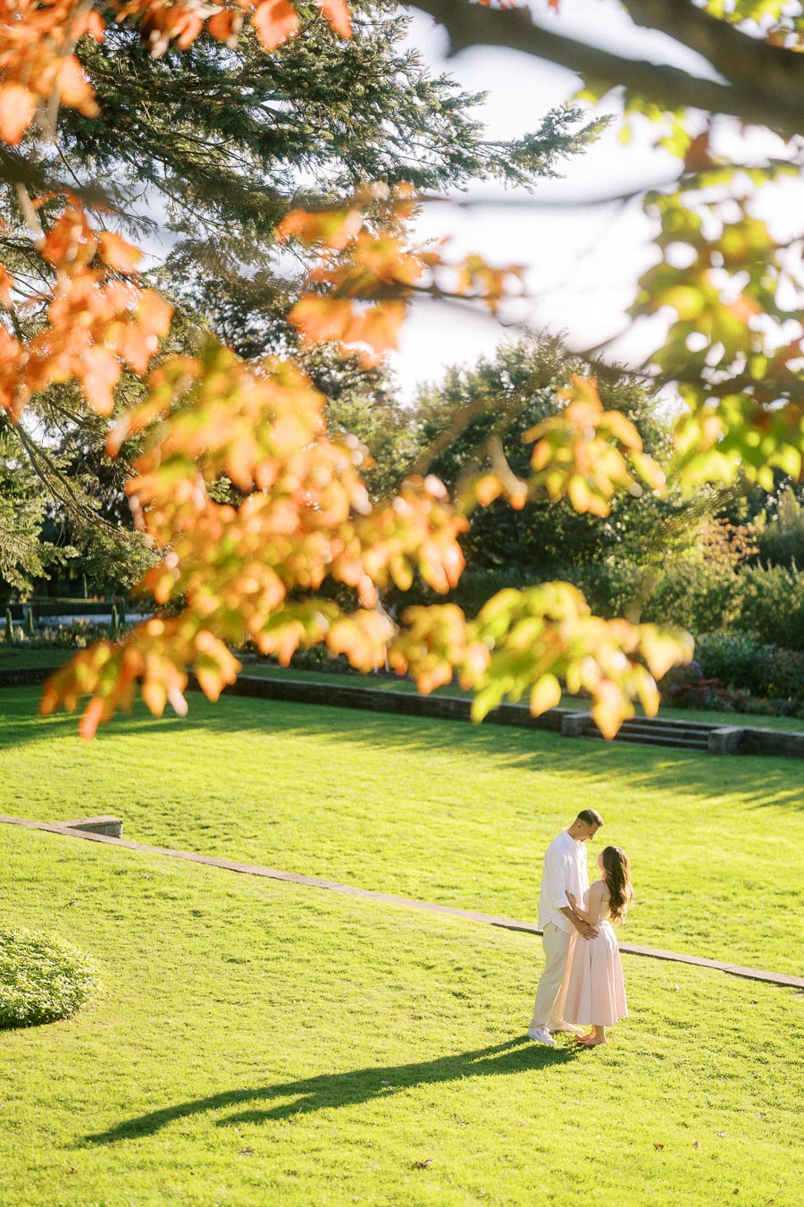 A couple embracing on a sunlit grassy field surrounded by lush greenery and autumn-colored leaves, creating a romantic, picturesque setting.