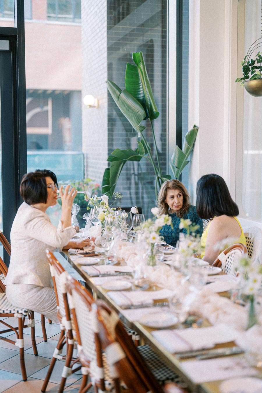 Three women engaged in conversation at a beautifully set dining table with elegant decor, large windows and indoor plants in a bright and modern restaurant setting.