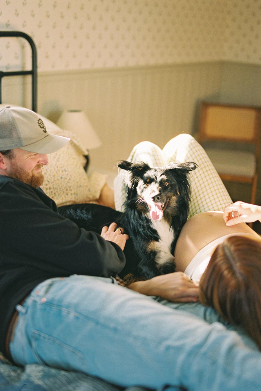 A happy dog sitting on a bed with a man and a pregnant woman, who is gently touching her baby bump, in a cozy, sunlit room.