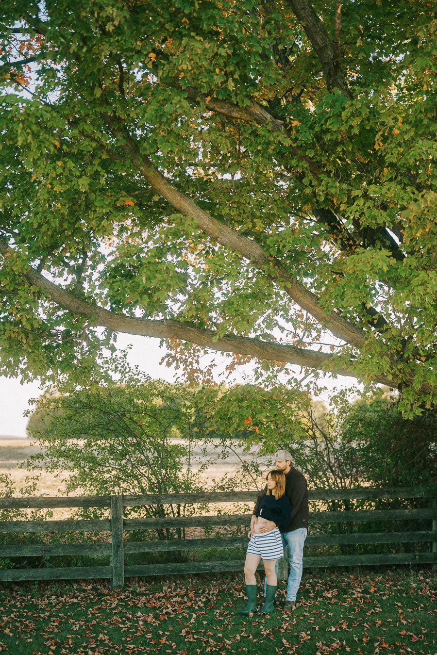Couple embracing under a large tree with lush green leaves, standing by a wooden fence surrounded by autumn foliage.