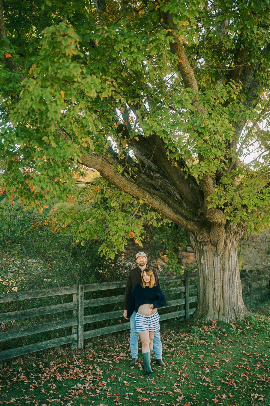 Couple standing under a large, leafy tree in a park with a wooden fence in the background, surrounded by autumn leaves on the grass.