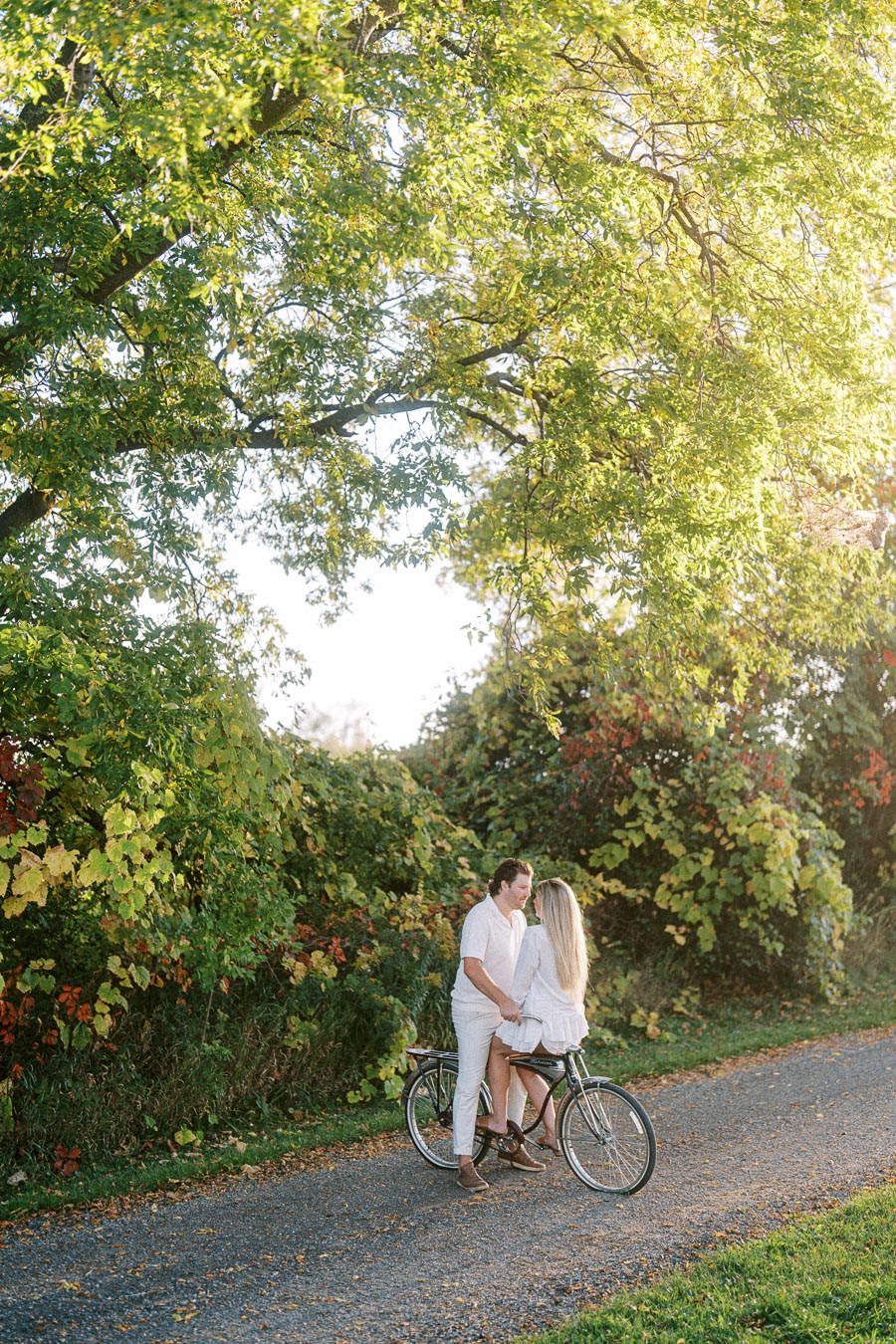 Couple enjoying a romantic moment on a bicycle under lush green trees on a sunny day, surrounded by vibrant foliage.