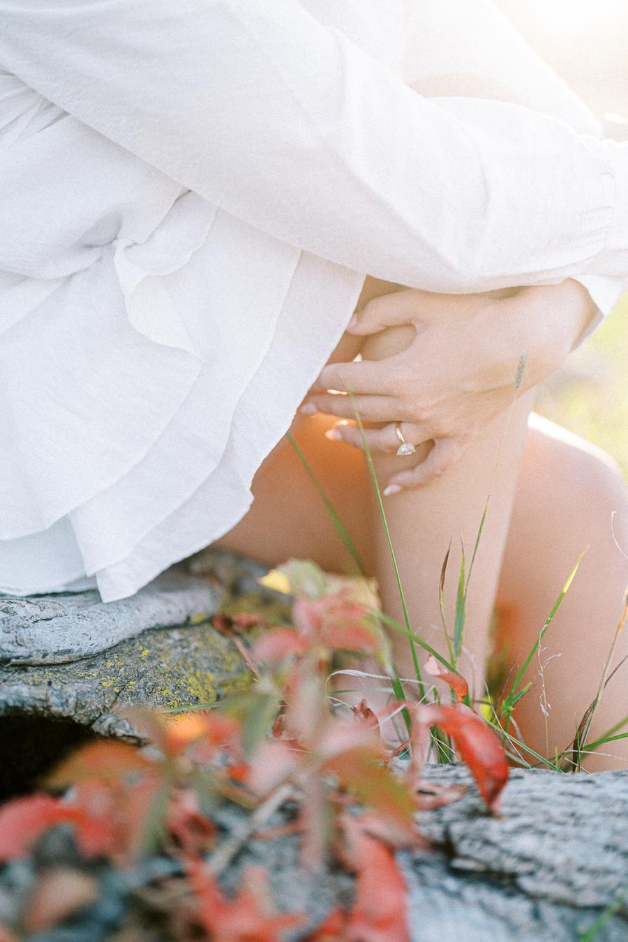 A woman in a white dress sits on a rock in a serene natural setting, sunlight illuminating her figure and highlighting the delicate plants around her.