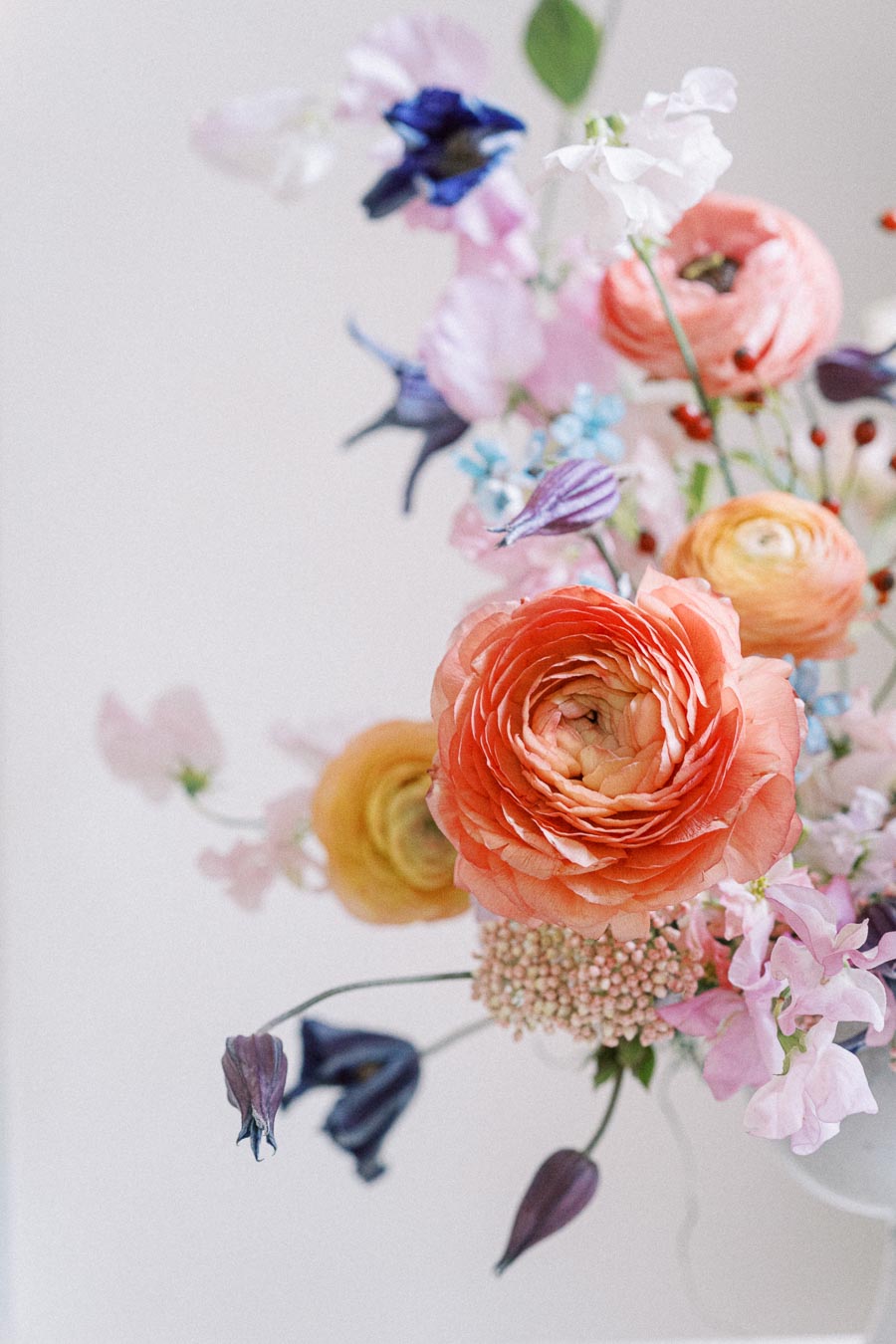 A vibrant bouquet of mixed flowers, featuring a prominent coral ranunculus surrounded by delicate pink, purple, and white blooms against a soft white background.