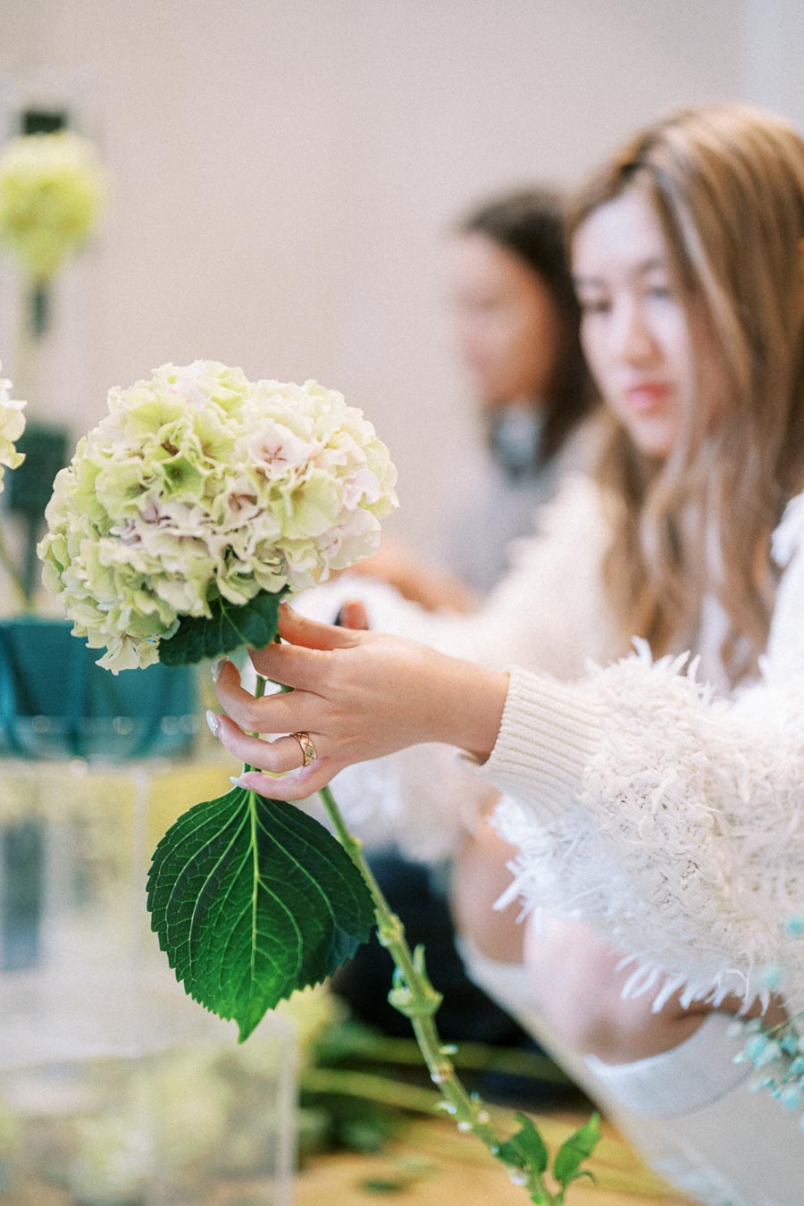 A person carefully arranging a light green hydrangea flower, focusing on floral design and arrangement in a bright indoor setting.