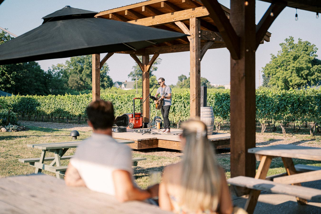 Outdoor live music performance at a vineyard with a musician playing guitar on a wooden stage; two people in the foreground enjoy the scenic view.