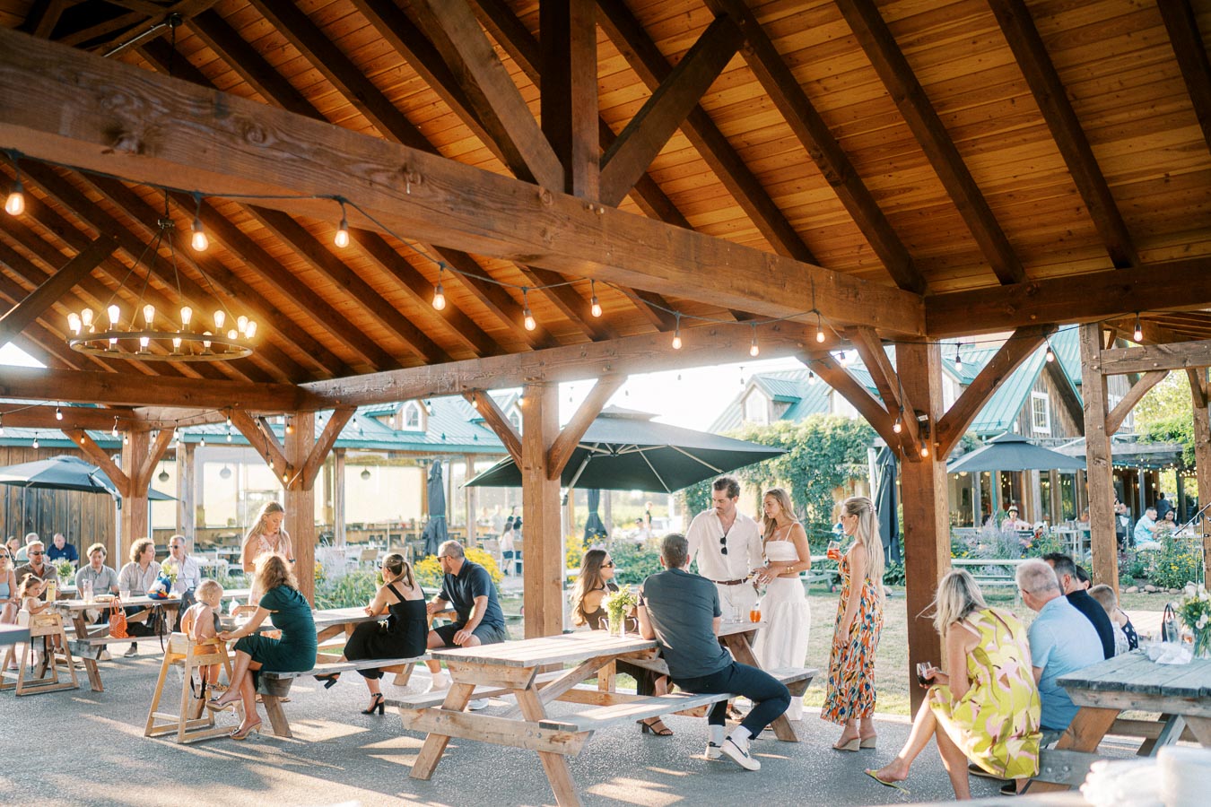 Outdoor gathering under a wooden pavilion with guests enjoying a sunny event; people are seated and standing, engaging in conversation, surrounded by decorative lights and rustic architecture.