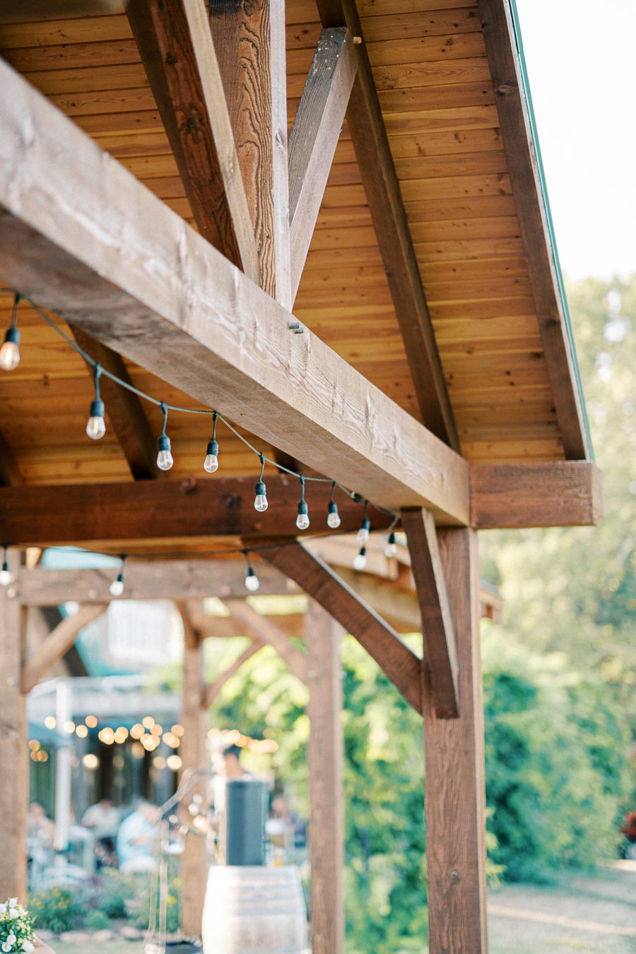 Wooden pergola with hanging string lights, creating a cozy outdoor gathering space surrounded by lush greenery.