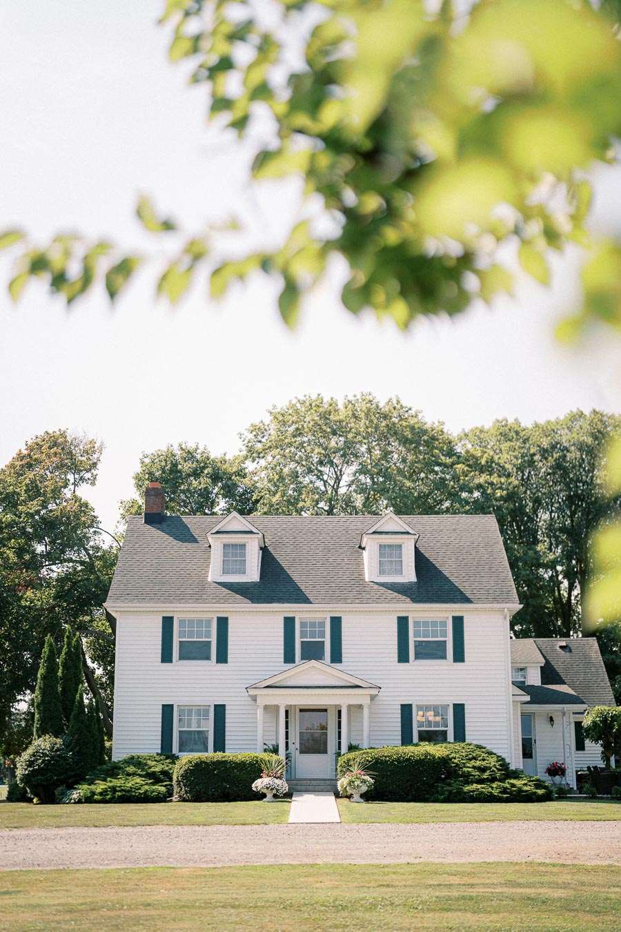 Charming white colonial house with blue shutters, surrounded by lush green trees and landscaped shrubs on a sunny day.