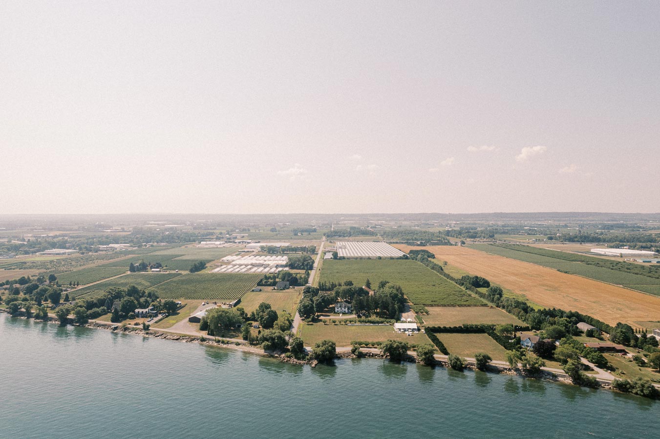 Aerial view of expansive farmland meeting a tranquil lake under a clear sky, showcasing agricultural rows, scattered buildings, and lush greenery.