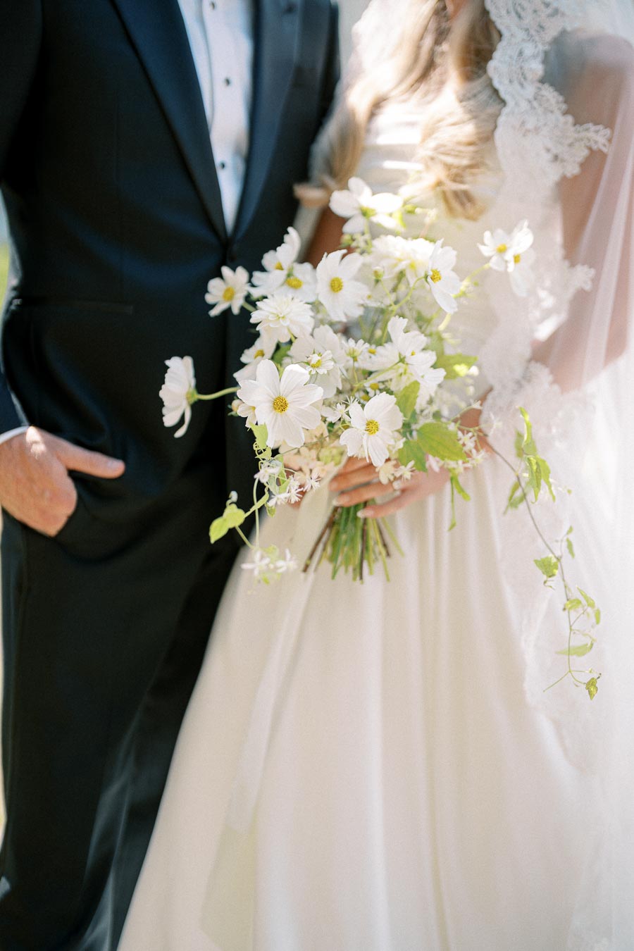 Bride and groom in elegant wedding attire; bride holding a bouquet of white flowers with greenery, featuring delicate lace veil details.