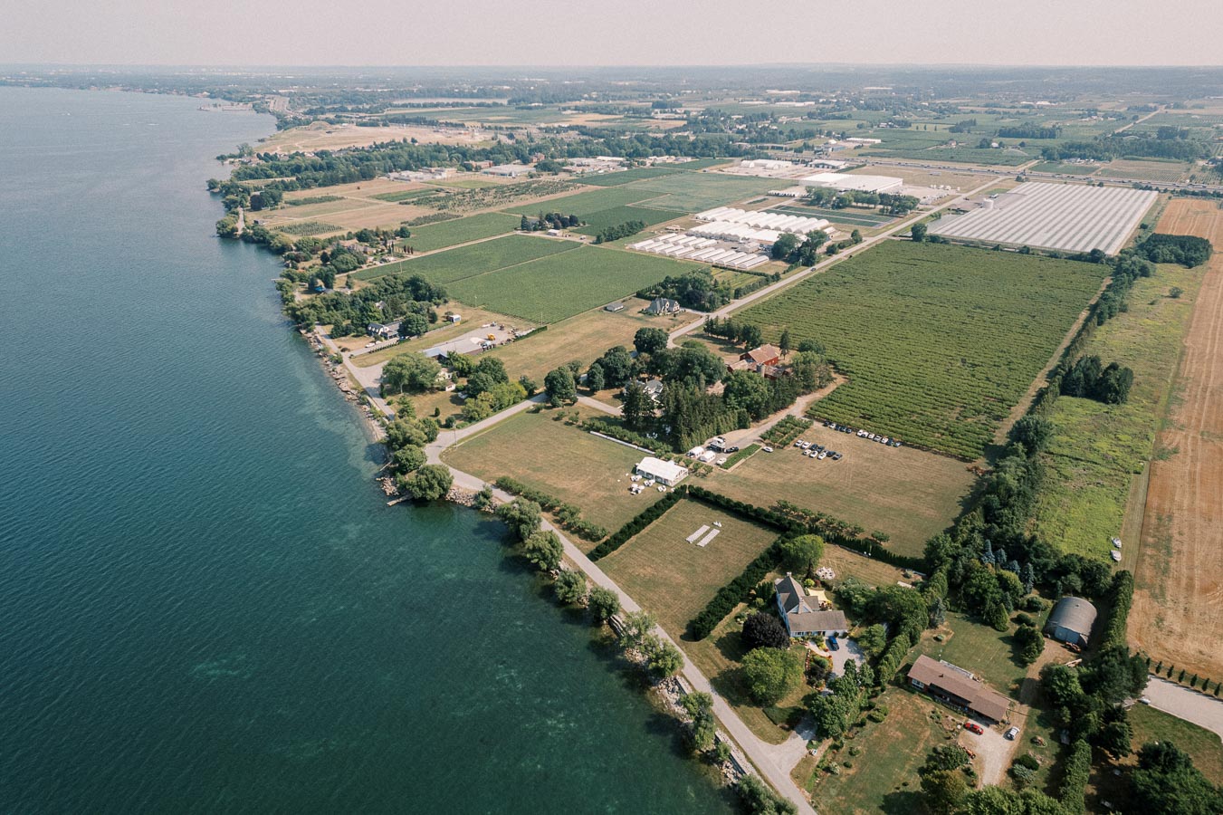 Aerial view of a lush rural landscape with farmland and vineyards along a serene waterfront, showcasing green fields, roads, and scattered buildings under a clear sky.