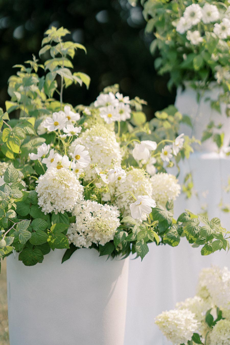 Elegant white flowers and lush green leaves in a sleek white vase, beautifully arranged to enhance garden decor, captured in natural sunlight.