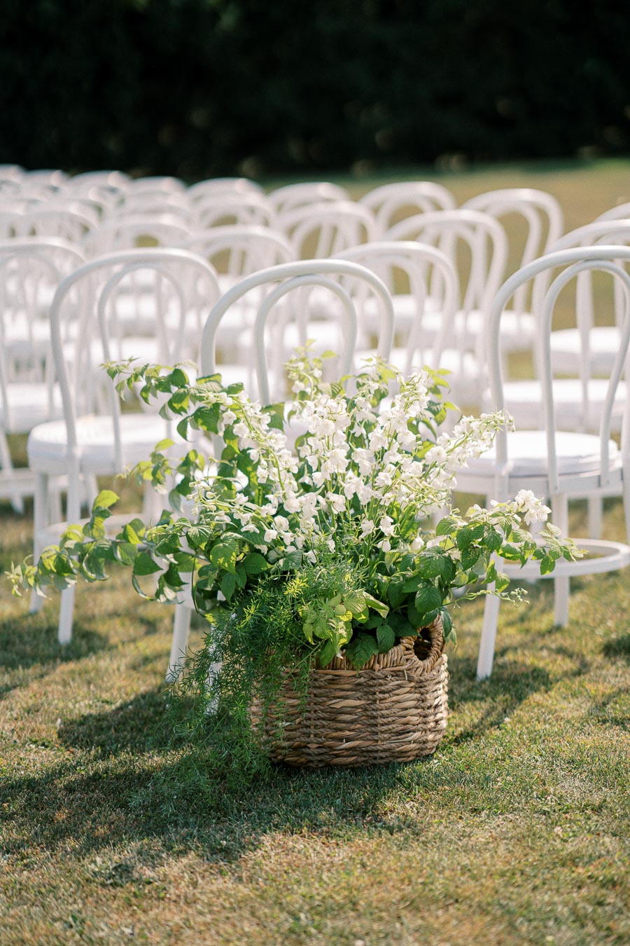 Outdoor wedding ceremony setting featuring a wicker basket with lush greenery and white flowers, surrounded by rows of white chairs on a green lawn.
