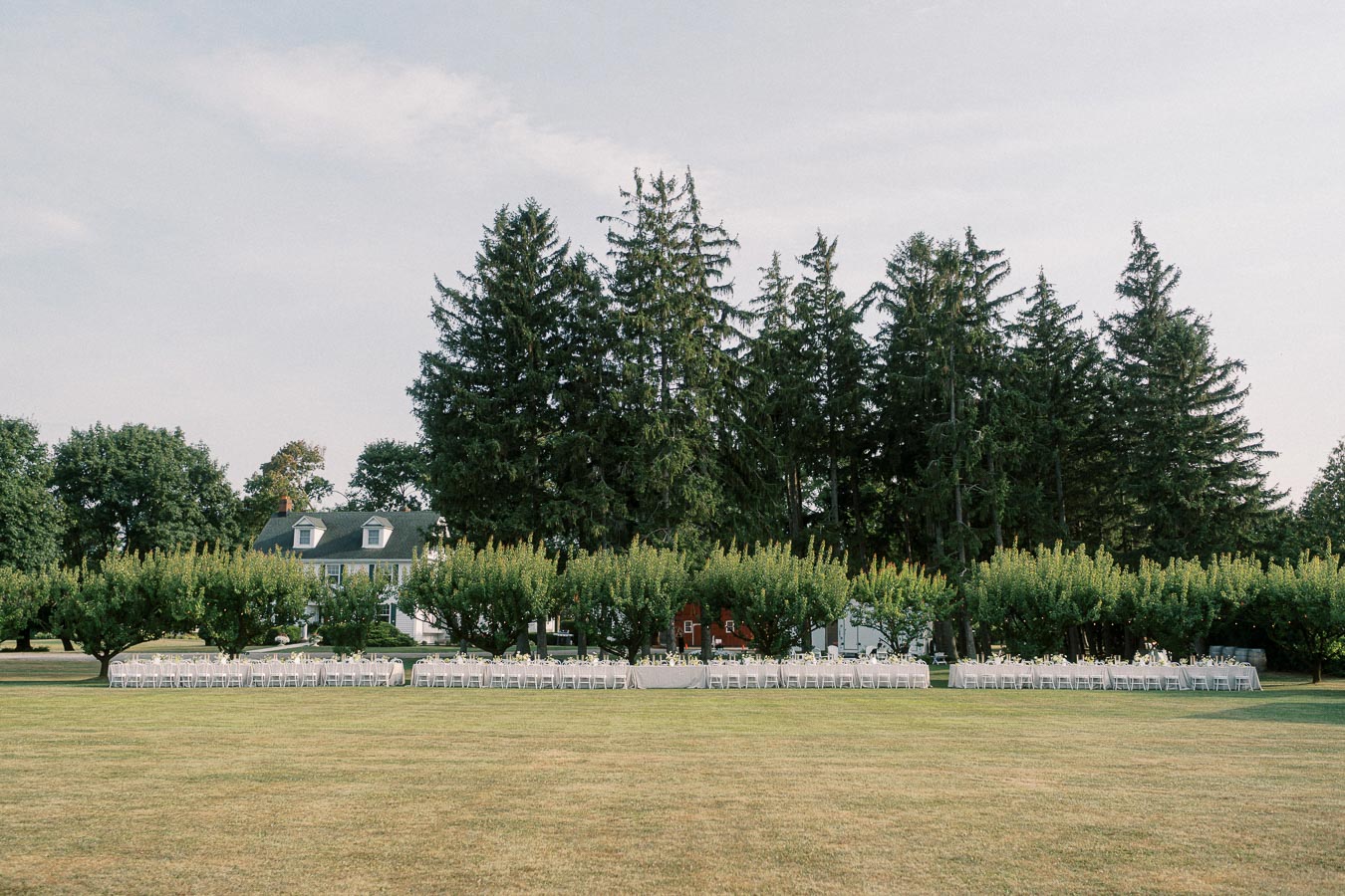 Outdoor wedding setup with rows of tables and chairs on a grassy lawn, framed by lush green trees and a charming house in the background.