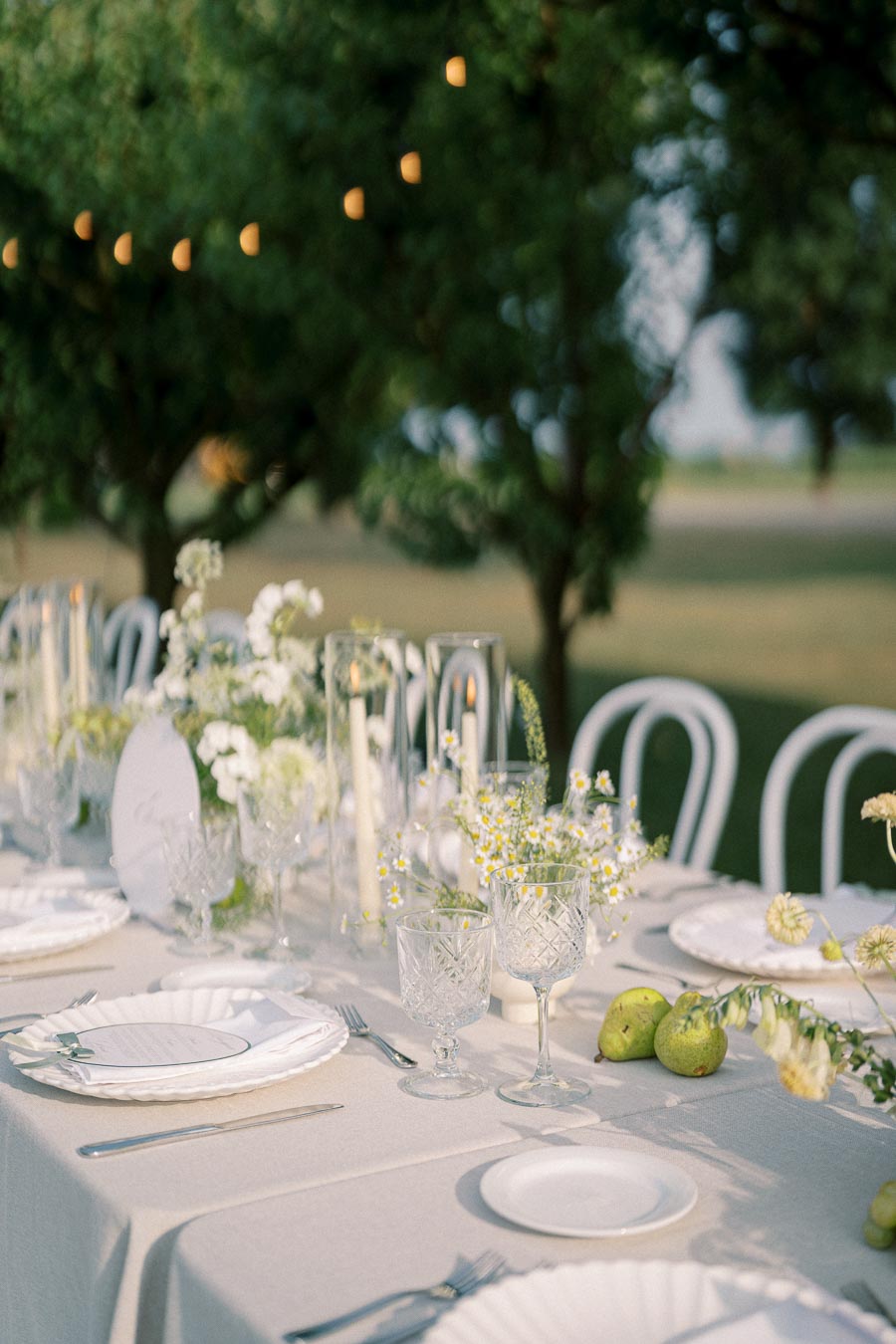 Outdoor garden wedding reception with an elegantly set table featuring white plates, crystal glassware, and floral centerpieces; surrounded by lush greenery and soft string lights for a romantic ambiance.